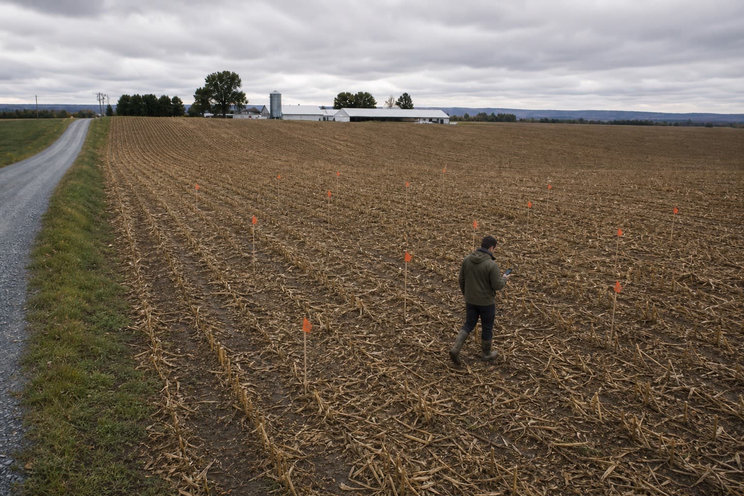 Sampling grid flagged across a harvested field, Quebec.