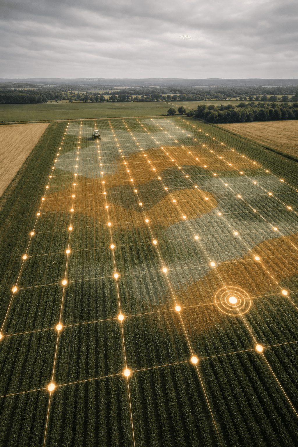 Aerial view of a field with a georeferenced sampling grid and a tractor in the distance.